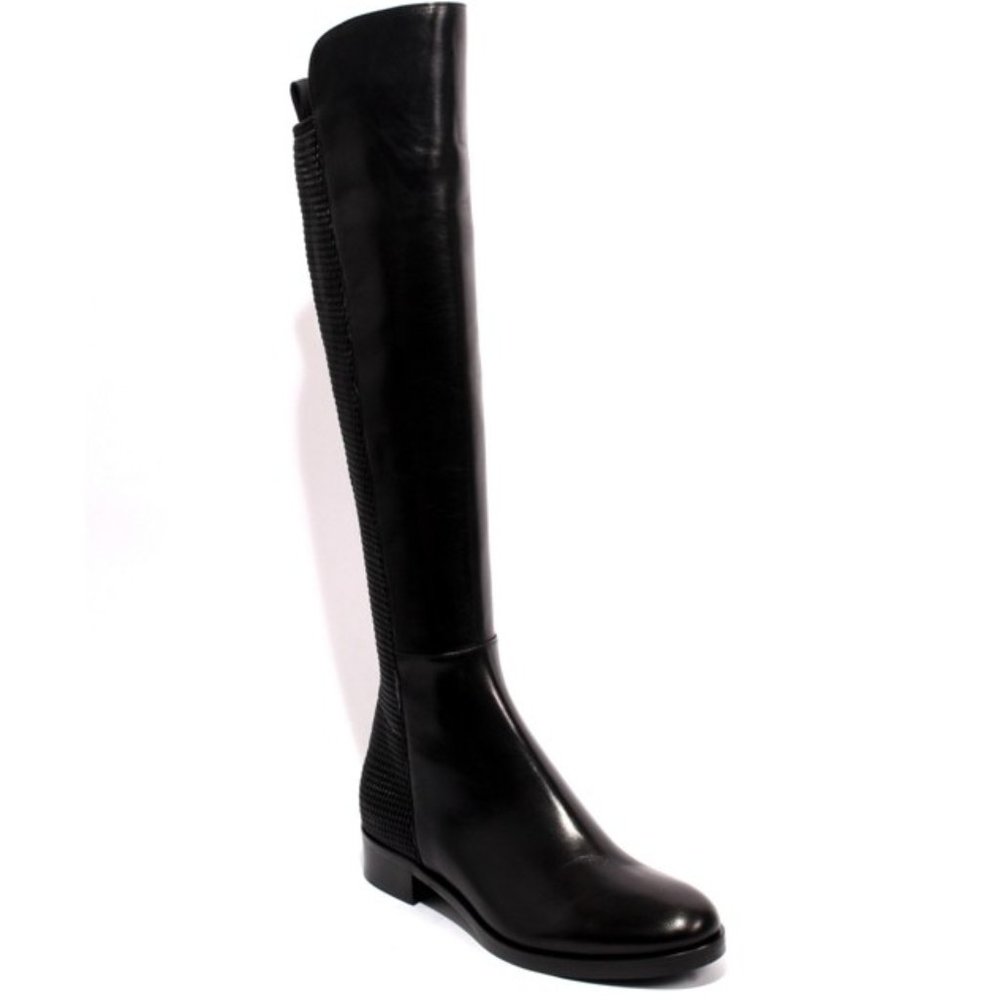 ITALIAN Black Leather Stretch Zip Knee High Boots